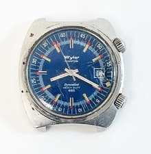 Vintage Wyler Dynawind Heavy Duty 660 Skin Diver 39mm Auto Blue Dial Runs Watch