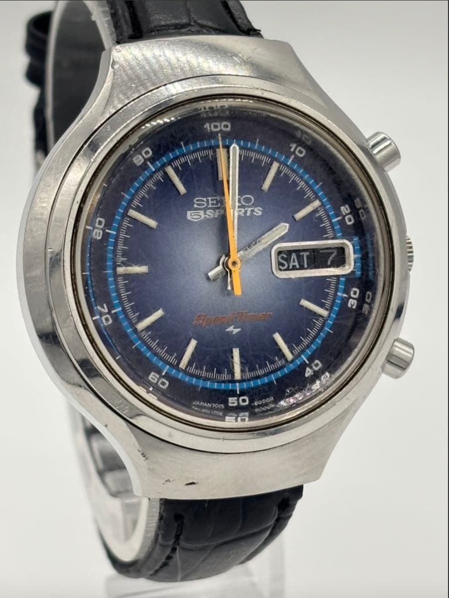 Vintage 1972 SEIKO 5 Sports 7015-8000 Speed ​​Timer Blue Men Used