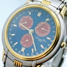 Christian Dior 61141 Triple Calendar Quartz Watch Mens wrist 17cm Rare 2604TK