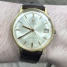 OMEGA Genève Automatic Gold Plated Men's Wristwatch Date Brown Leather Strap