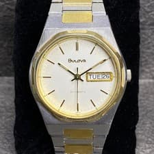 Rare BULOVA Oak Style Automatic White Dial Day Date Two Tone Watch Men Vintage