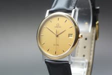 Vintage 1980s OMEGA De Ville Quartz Gold Dial Date Men's Cal.1432 [Near Mint]