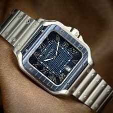 2022 Cartier Santos Blue Bezel DLC Blue Dial Steel Auto Large Watch WSSA0048 B+P