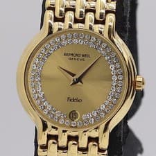Raymond Weil FideliO 4702 QZ Gold Dial Rhinestones Date Ladies Japan Dress Watch