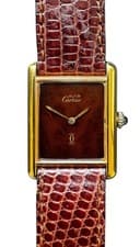 1980's Must de Cartier Tank Sterling Vermeil Turtle Brown Wood Dial #25027