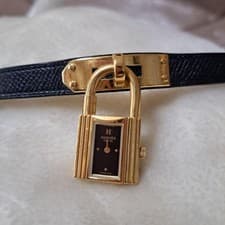 HERMES Watch Kelly Gold Case Black Dial Leather Band Women's Auth Rare