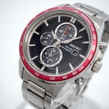 Seiko Chronograph Solar Watch Red Bezel Overseas Model Box Included Mens