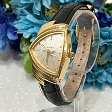 [Rare] Hamilton Ventura 6258 Quartz Gold Black - New Black Leather Strap Japan