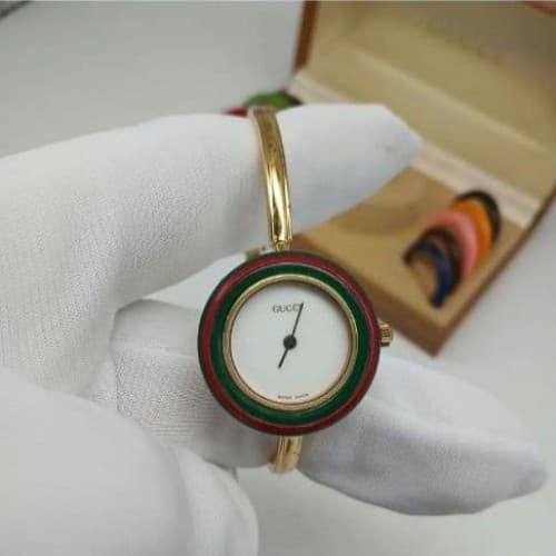 GUCCI Change Bezel Set 11/12.2 Wristwatch Gold Band Analog Round White Dial