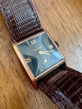 OMEGA Gold Tone Rectangle Wristwatch Black Dial Brown Leather Strap Sub-Seconds