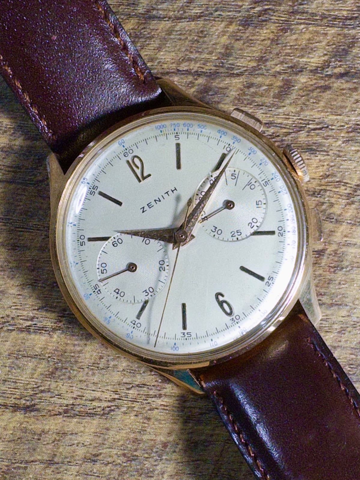 Vintage Zenith 38mm 18k Rose Gold Chronograph Watch Cal 156D