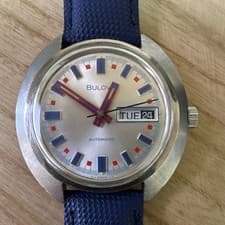 Vintage Bulova Automatic Jet Star Patriotic Watch Silver Dial Red Blue
