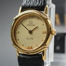 Vintage 1985 OMEGA DeVille Qz Cal.1455 Gold Guilloche 20mm Ladies Watch New Batt