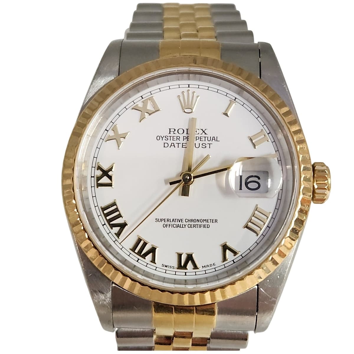 Rolex Datejust 36MM 16233 Two-Tone 18K Yellow Gold & SS Jubilee White Roman Dial