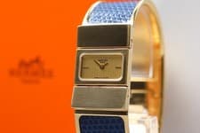 Vintage w/ Box Hermes Loquet L01.201 Gold Blue Bangle Quartz Ladies Watch JAPAN