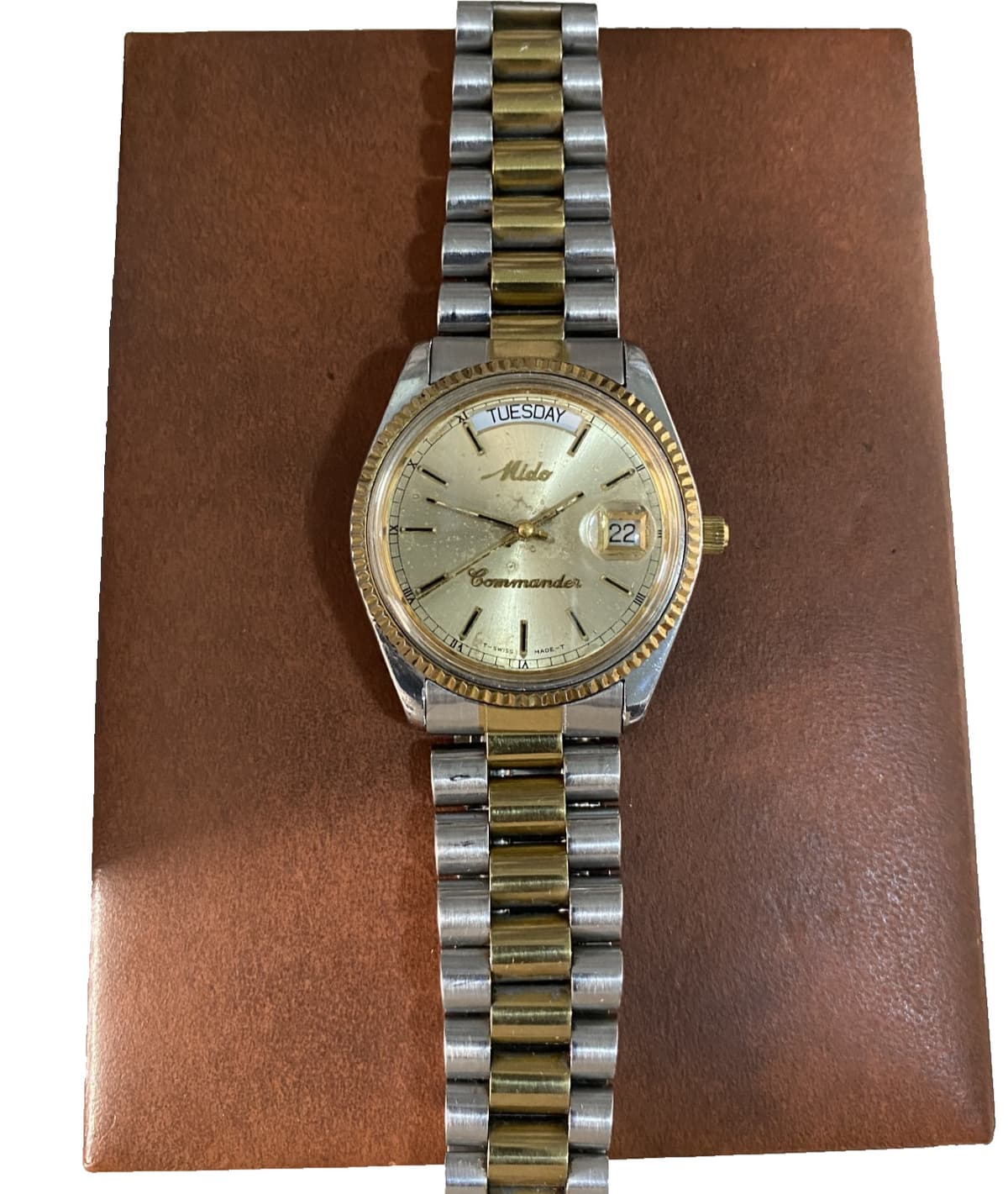 Vintage Mido Commander President Gold Dial 2 Tone Stainless Steel Gent's Watch