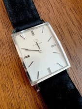 OMEGA Square 14K Gold Wristwatch Silver Dial Black Suede Strap Brushed Finish