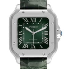 Cartier Santos Medium Steel Green Dial Mens Watch WSSA0061 Box Card