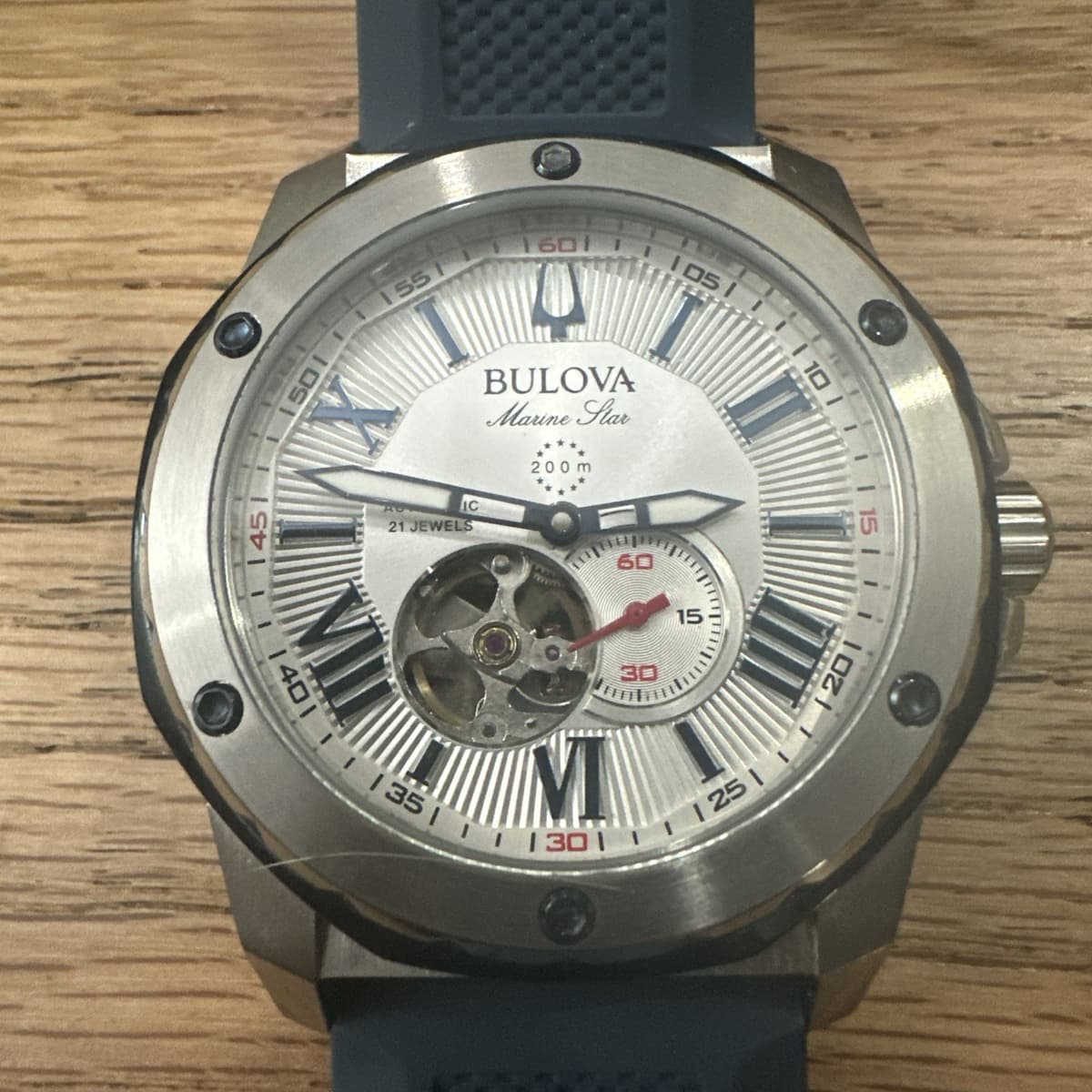 Bulova 98A225 Marine Star White Dial Silicon Blue Strap Men’s Automatic Watch