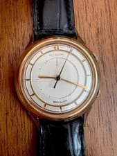 LeCoultre Gold Vintage Wrist Alarm Watch Black Leather Strap Silver Dial