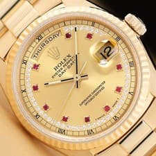 ROLEX MENS PRESIDENT DAY-DATE 18238 STRING DIAMOND RUBY DIAL 18K GOLD WATCH