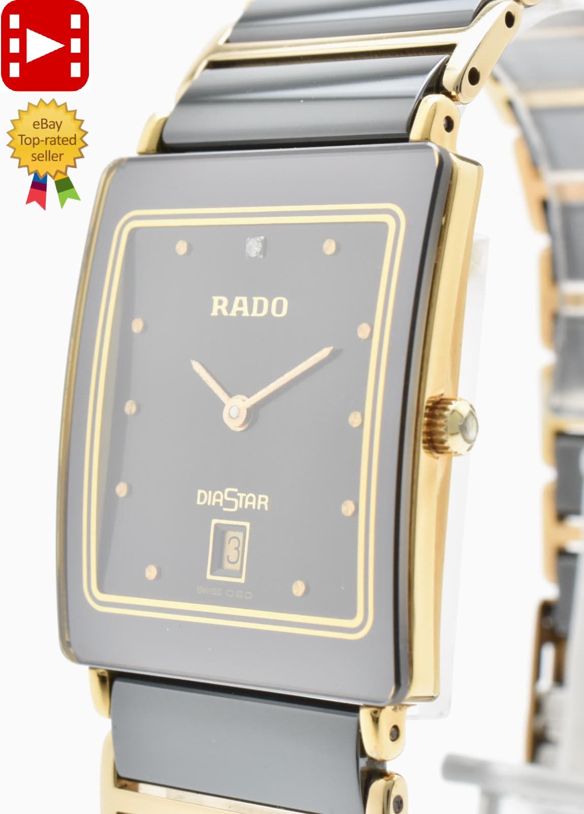🎦Vintage! [Near MINT] RADO DiaStar 160.0281.3 Black Date Ceramic Qz Men's Watch
