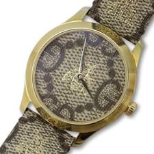 Gucci YA1264068A GG Supreme Gold Bezel Quartz Watch Beige Leather Band Mens