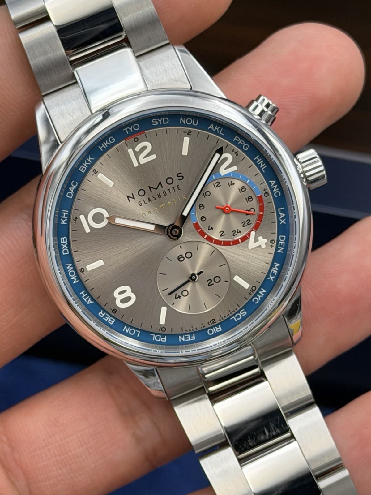 NOMOS Glashutte Club Sport Neomatik Worldtimer, Silver Dial Ref. 791