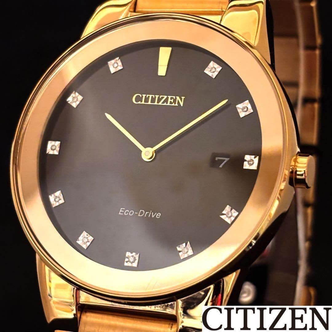 CITIZEN Eco-Drive Mens Watch Black Dial Gold Tone Diamond 40mm Box 30M