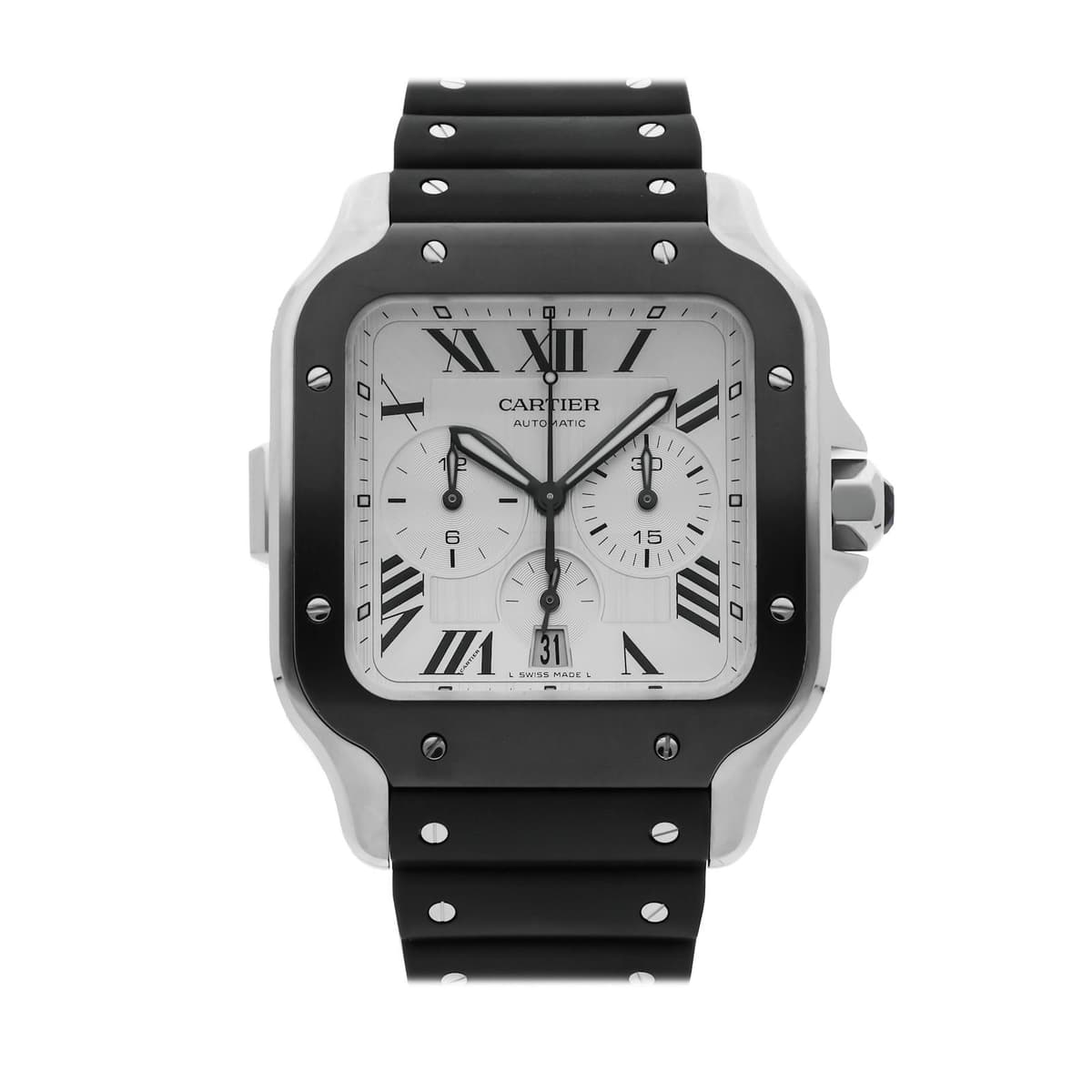 Cartier Santos de Cartier Chronograph Black Steel Auto 43mm Strap Watch WSSA0017