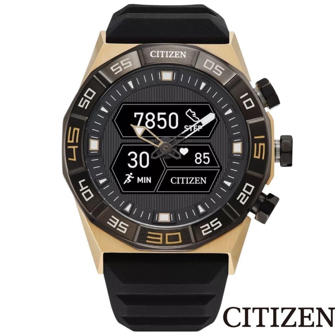 CITIZEN hybrid smartwatch with sleek black dial and gold case. Stylish