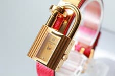 [ Box ] HERMES Kelly KE1.201 Gold Dial Red Belt Swiss Made Qz 20mm Women's Watch