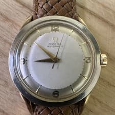 Omega Automatic Men's Wristwatch Silver Dial Brown Leather Strap Stainless Steel