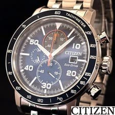 Citizen Eco-Drive Chronograph Wristwatch Blue Dial Silver Band 100M Genuine
