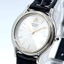 SEIKO CREDOR Watch QZ 4J81-0A40 Ladies Round Leather Silver Dial