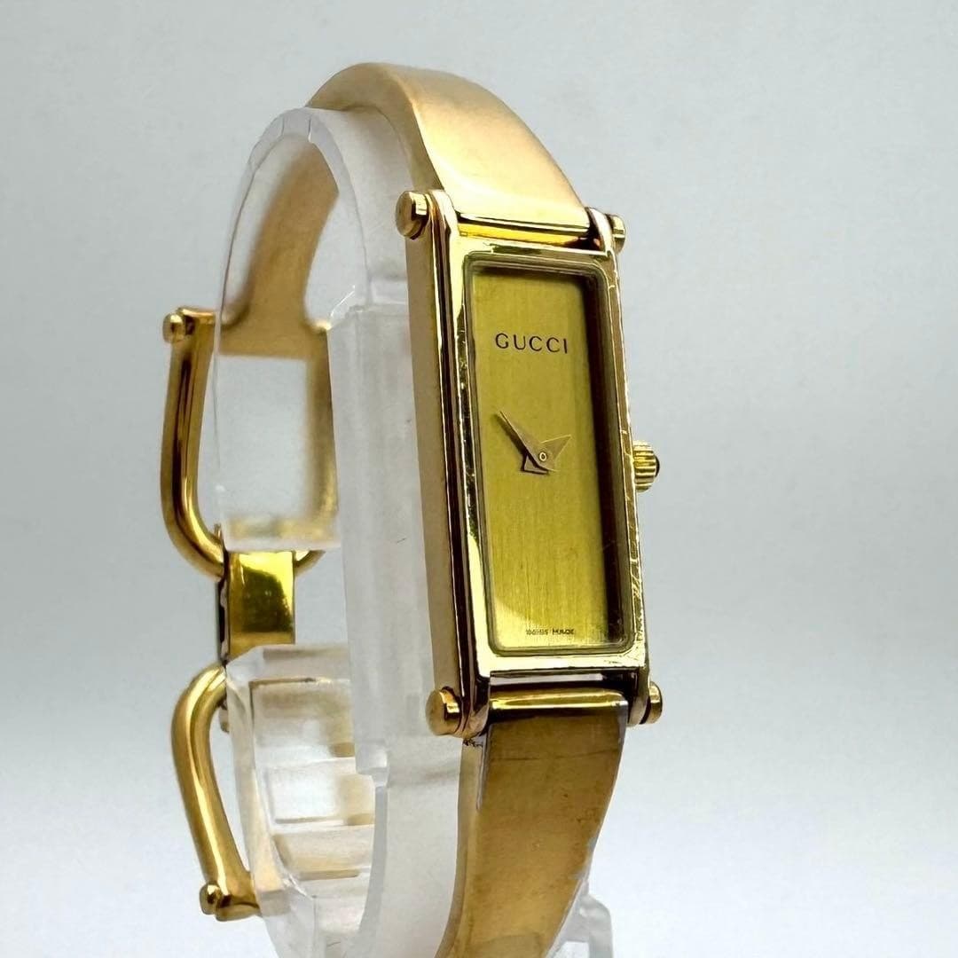 Gucci 1500L Bangle Watch Gold Dial 1P Onyx Horsebit Working Swiss Ladies Rare
