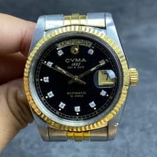 Rare CYMA President Automatic Black Dial Day Date Watch Diamond 1980sVintage