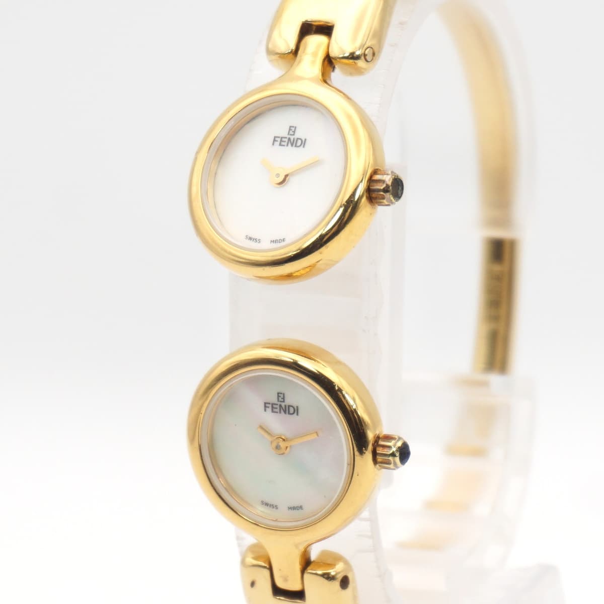 New Battery FENDI 620L Double Face Gold White Shell Dual Time Bangle Watch 18mm