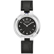 NEW BULOVA LADIES RUBAIYAT 35mm BLACK DIAL LEATHER DIAMOND WATCH 96P238