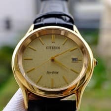 Citizen Eco-Drive Gold Black Leather Watch New