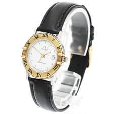 Omega Constellation Ladies Quartz Date YG Bezel White Dial Watch