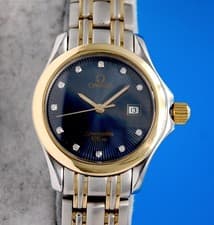 Ladies Omega Seamaster 18K Gold & SS Watch - Blue Diamond Dial