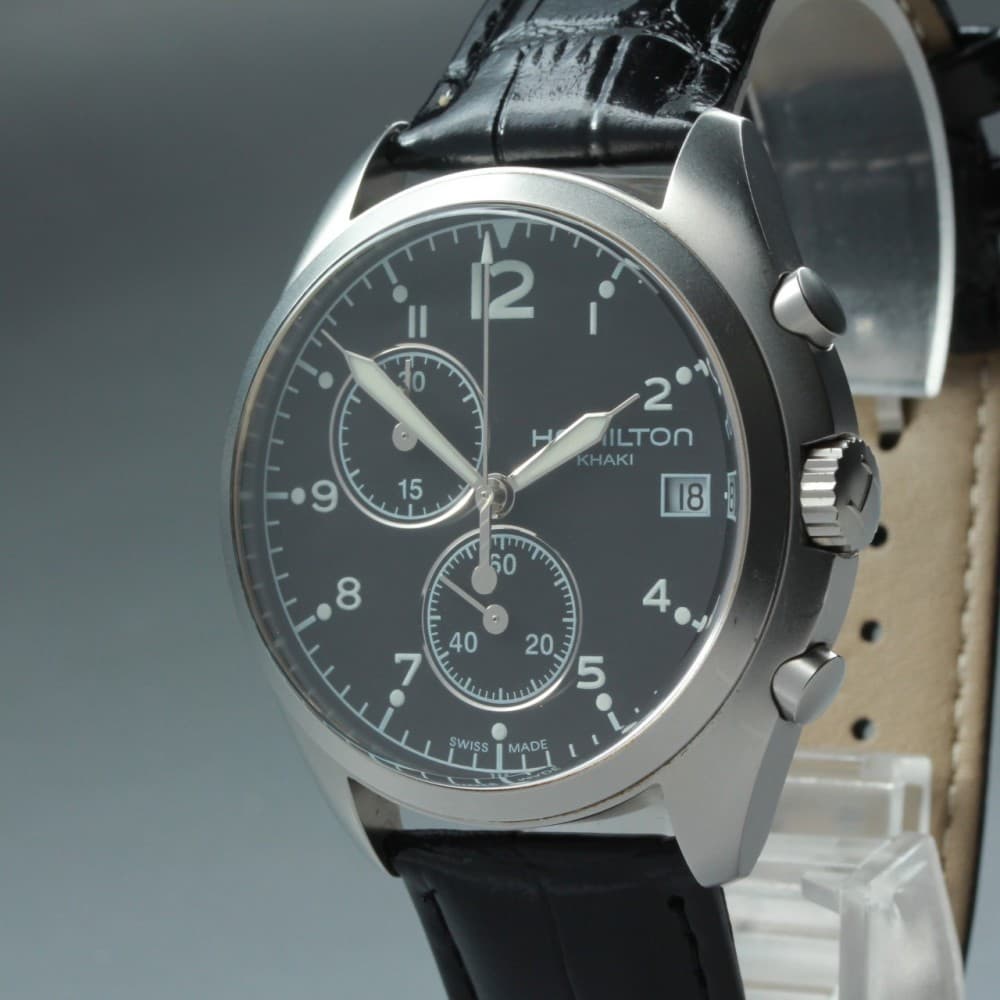 Near MINT HAMILTON Khaki H765520 Date Black Chronograph 43mm Quartz Men's Watch