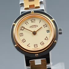 HERMES Clipper 24mm Ivory Dial Date Silver Gold Quartz Women's Watch Near MINT