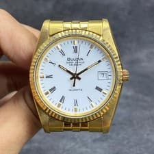 Rare BULOVA Super Seville Calendar Quartz Roman White Dial Gold 1990s Vintage