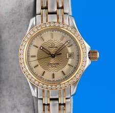 Ladies Omega Seamaster 18K Gold & SS Watch - Gold Dial - Diamond Bezel - 2385.11