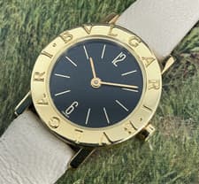 Bvlgari 23mm 18k Yellow Gold Black Dial Leather Strap Swiss Quartz Watch A5006