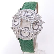 Cartier Ronde Folle White Gold Green Leather Quartz Diamonds Silver Watch 2991