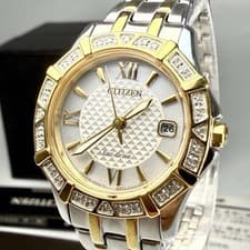 Citizen E013 S104556 Eco Drive Watch Silver Dial Gold Bezel 10BAR Rare