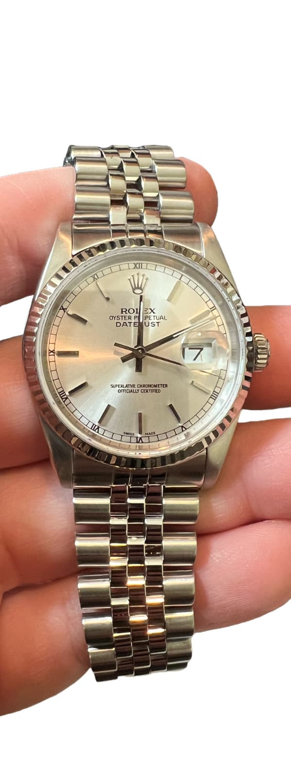 ROLEX DATEJUST 16234 Jubilee BAND 36MM 18K WHITE Gold BEZEL 3135 Silver Dial
